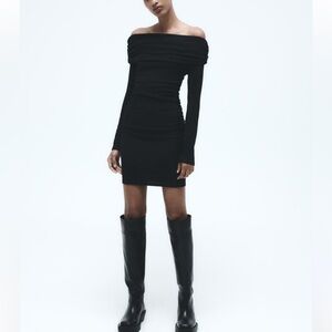 Zara knit ruched off the shoulder dress